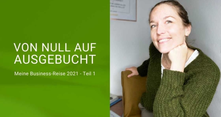 BlogBeitrag zu meiner eigenen Online Business Reise, Svenja Hirsch sitzt rechts, links grünes Feld mit Beschreibung
